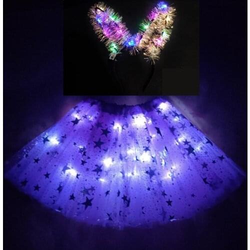 2021 New Mesh Ribbon Light-emitting LED Childrens Skirt Stage Dance Performance Festival Party Big Star Print Headband Purple