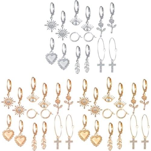 7 Pairs Crystal Cross Eye Heart Star Hoop Dangle Earrings Set Flower Leaves Huggie Drop Earrings Women Fashion Jewerly