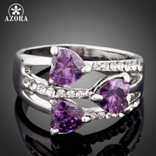 AZORA White Gold Color 3pcs Purple Heart Stellux Austrian Crystal Ring TR0050