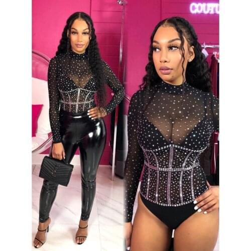 BKLD Festival Clothing Sexy Rhinestone Bodysuit Slim Nightclub See Through Long Sleeve Top Black Bodysuit 2021 Fall New Fashion
