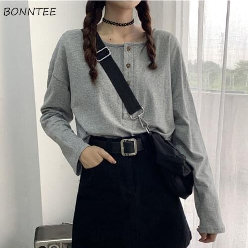 T-shirts Women Solid Retro Loose O-Neck Long Sleeve Crop Tops Simple Students Thin Daily All-match Trendy Ulzzang Teens Tees New
