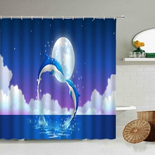 Cartoon Blue Dolphin Jump Animal Shower Curtain Creative Couple Family Bathroom Decoration Blackout Waterproof Screen With Hook