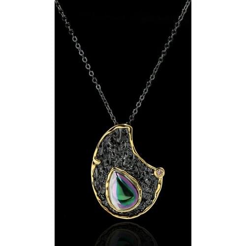 Italy Jewelry Exaggerated Handmade Gilding Black Gold Pendant Necklace Mystery Rainbow Stone Inlay 925 Silver Chokers for Women