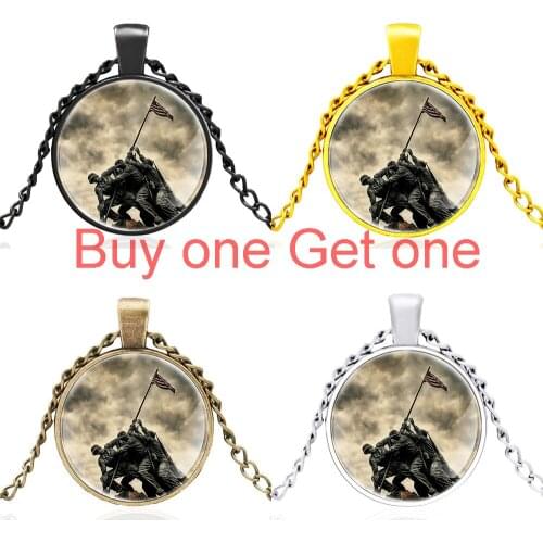 Classic American Soldier American Flag Design Glass Dome Pendant Necklace Men Women Jewelry Accessories Best Gifts