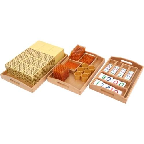 Golden Bead Materials , three wooden trays , wooden thousand cube 9 , golden thousand cube 1 pcs , wooden hundred square