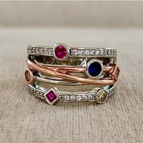 Cute Female Rainbow Zircon Stone Ring Rose Gold Silver Color Wedding Rings For Women Trendy Crystal Geometric Engagement Ring