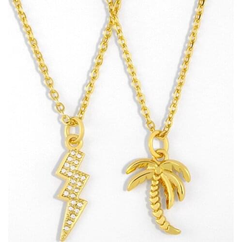 CZ Gold Cute Lightning Bolt Necklace For Women Micro Pave Palm Tree Necklace Pendant Wholesale Women Jewelry Gift Wholesale