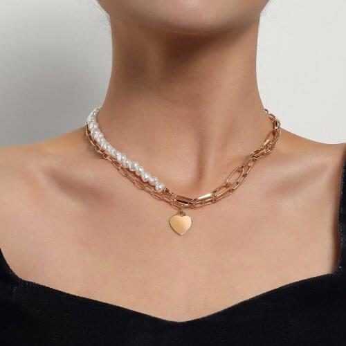 Fashion Baroque Pearl Thick Chain Heart Pendant Choker Necklace for Women Elegant Geometric Clavicle Necklace Colar Jewelry Gif