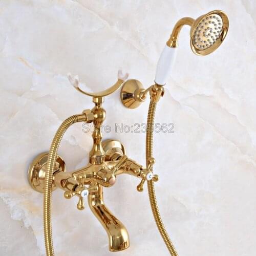 Gold Color Brass Wall Mounted Swive Spout Tub Mixer Tap with Handshower Handheld Bath Shower Mixer Water Set lna922
