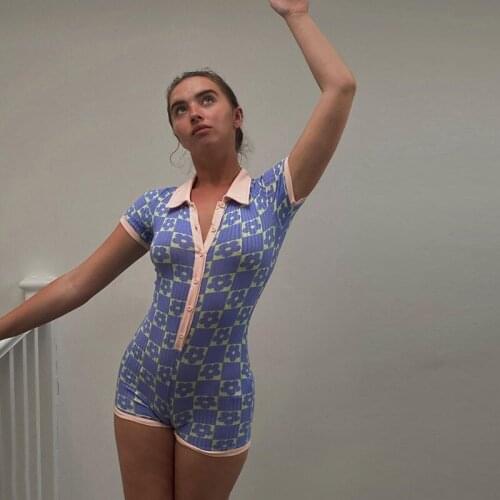 Summer new style womens short-sleeved turn-down collar cardigan printed slim bottoming casual jumpsuit