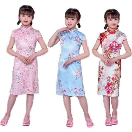2020 Chinese Girl Qipao Dress Silk Soft Children One-Piece Clothes Floral Girls Cheongsam Festival Party Chi-Pao Dress Outfits