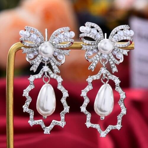 Romantic Luxury Bow Pearls Pendant Earrings For Women Wedding Cubic Zircon CZ Engagement Indian earrings for women
