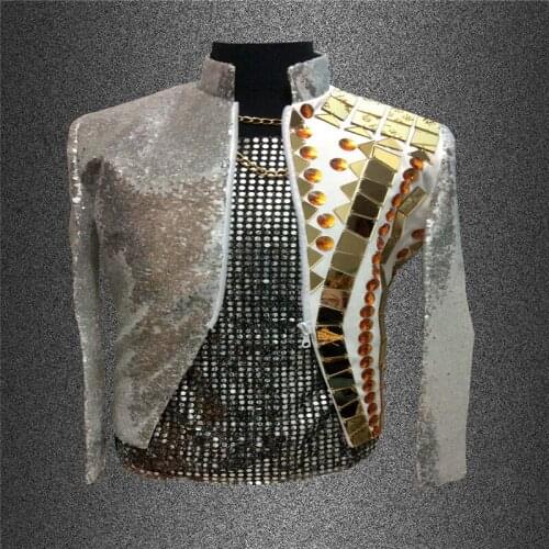 S24 Ballroom dance costumes Gold mirror men blazers Sequins jacket outwear party Sequins jacket party outfit bar stage show