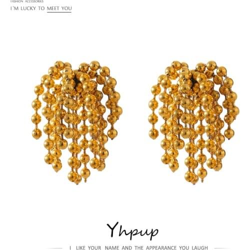 Yhpup Statement Tassel Bead Fireworks Stud Earrings Gold Stainless Steel Waterproof Fashion Jewelry 18 K Metal Women Earrings