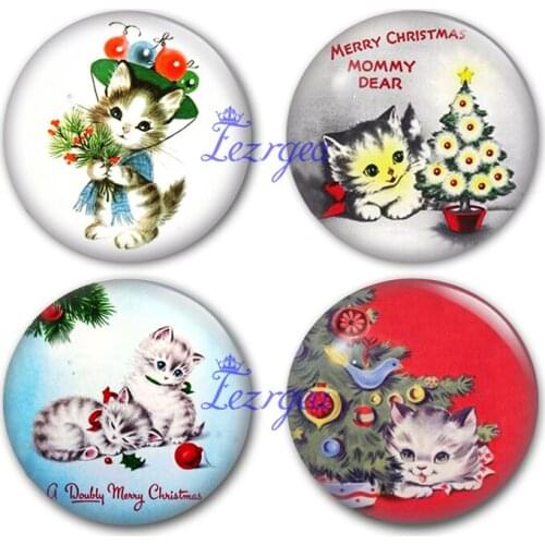 Merry cat glass cabochon, Merry Christmas Round photo glass cabochon demo flat back Making findings