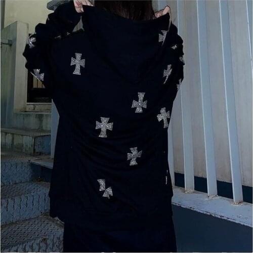 Rhinestone Streetwear Long Sleeve Black Zip Hoodie Y2k Hip Hop Joggers Sweatshirt Korean Fashion Punk Sport Coat Pullover