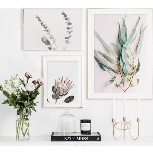 Fresh Nordic Plants Poster Light Pink Leaves Protea Flowers Parrot Canvas Paintings Wall Art Pictures Modern Home Decoration