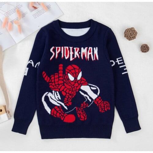 Boys Sweater Pullover Plus Velvet Thick Bottoming Sweater Autumn and Winter 2021 New Spider-man Baby Knitted Sweater