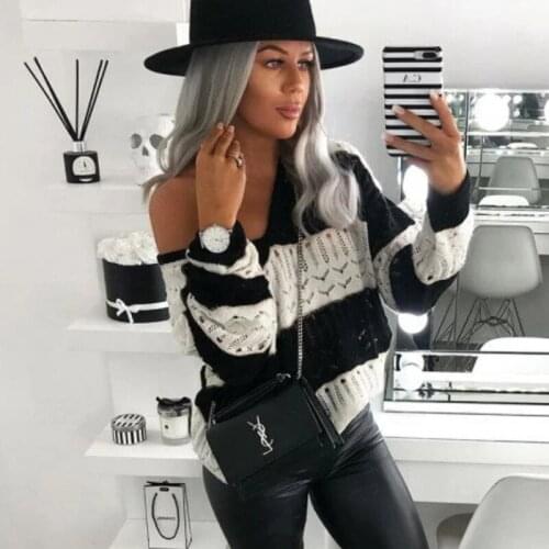 V neck knitted sweater jumper women autumn winter casual elegant loose soft striped sweater jumpers top pullover femme