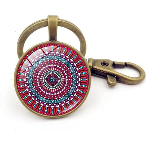 WG 1pc 12 style Vintage Mandala cabochon keychain pendant Time Gem&stone Keyring Car Bag Wallet Decor Keyholder For Women