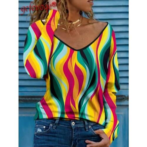 Fashion Striped Aesthetic T-Shirt V-Neck Long Sleeve Top 2021 autumn New Womens Clothing Loose Casual Print Tee Shirt Ladies