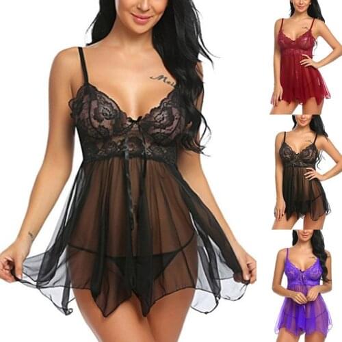 Lace Sleeveless Babydoll V-neck Nightdress Pajamas Sexy Lingerie Ladies Silk Evening Dress Plus Size Underwear Thong Set