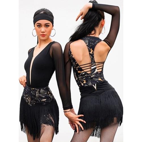 2021 Latin Dance Clothing Women Long Sleeves Tops Fringe Latin Skirt Backless Cha Cha Samba Practice Wear Sexy Competition Dress