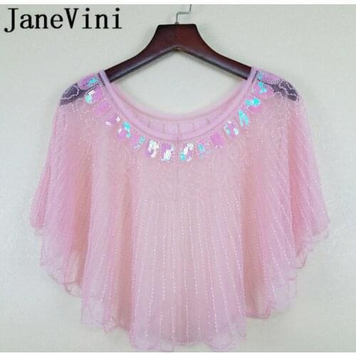 JaneVini Elegant Pink Sequined Bridal Capes Black Beaded Tulle Wedding Wraps Girls Bolero Women Jacket Evening Wraps Cloak 2019