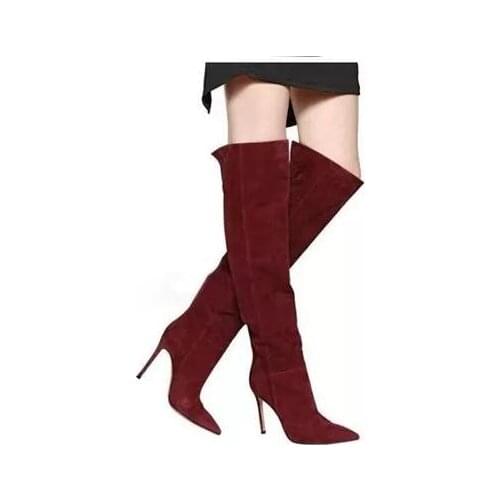 Winter Hot selling over the knee boots wine red suede high heel boots woman pointed toe thigh high boots leather boots