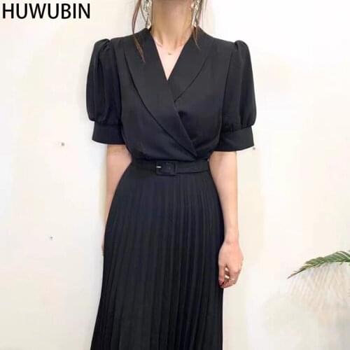 Korean Summer New Womens 2021 Retro Suit Lapel With Belt Show Thin Pleated High Waist Fluffy Sleeve Casual Elegant Long Dress
