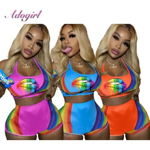 Fitness Rainbow Stripes 2 Piece Set Women Casual Lips Print Sleeveless Vest Crop Top Bikers Shorts Suit Summer Outfit Tracksuit