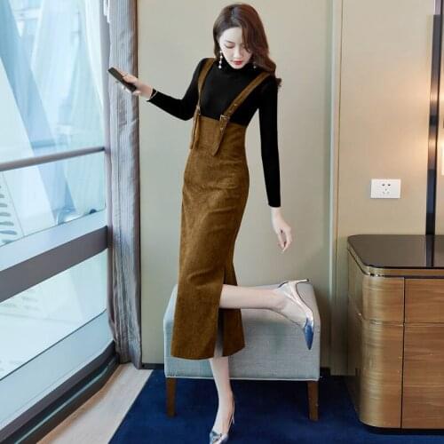Autumn Winter New Fashion Two Piece Sets Knitted Sweater Top + Mid-calf Length Plaid Dresses Elegant Ladies Suit Vestidos H72
