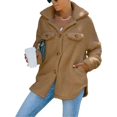 IMCUTE 2021 Winter Flannel Padded Jacket Women Fashion Casual Lapel Long Sleeve Single-breasted Cotton Jacket Plush Pocket Coat