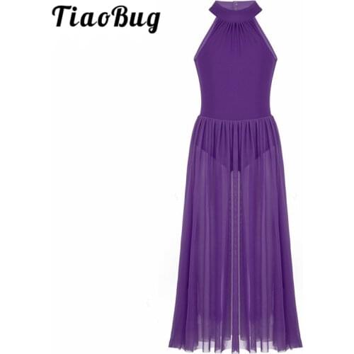 TiaoBug Girls Teens Sleeveless Ballet Leotard Maxi Dress Bodysuit Mesh Skirt Ballerina Stage Contemporary Lyrical Dance Costumes