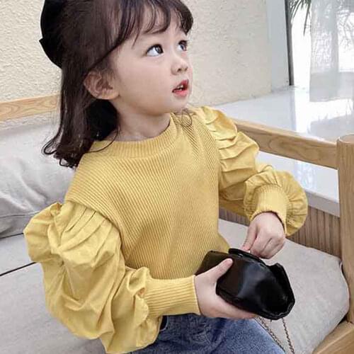Girls Puff Sleeve Knitwear Autumn Style Childrens Fashion Japanese and Korean Sweet Long Sleeve Tops Kids Clothes
