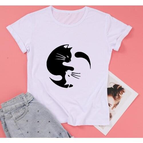 Kawaii Yin And Yang Cat 90s Cotton T Shirt Women Fashion Funny Graphic Shirt O Neck Short Sleeve Girl Top Tees Drop Shipping