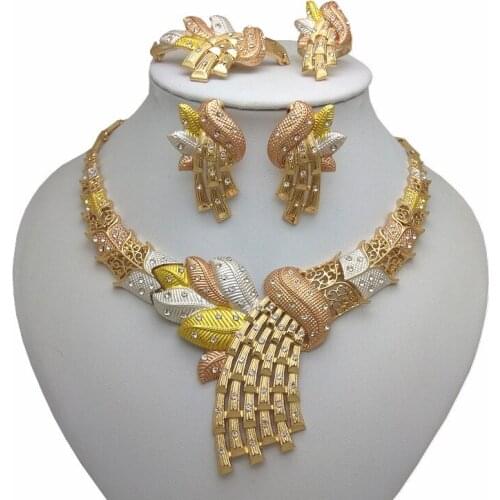 Kingdom Ma New Indian Necklace Earrings Ring Jewelry Sets Multicolor Bridal Wedding Dubai Gold Color Big Jewelry Sets for Women