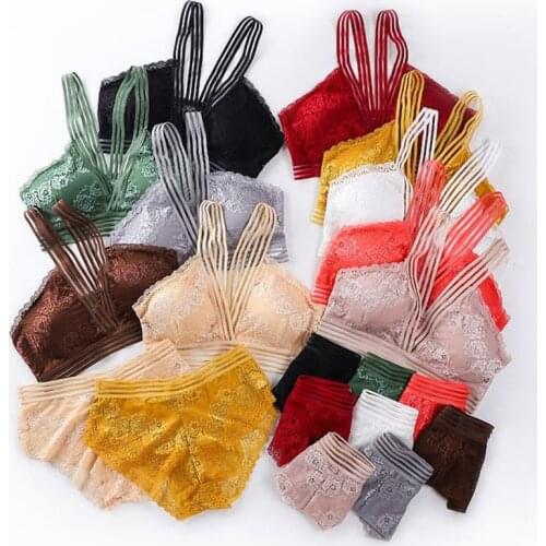 Women Erotic Hollow Out Floral Lace Underwear Set V-Neck Push Up Wireless Bra Mid Rise Thong Candy Color Lingerie