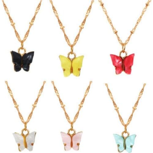 Fashion Stainless Steel Six Colors Crystal Butterfly Pendant Necklace For Women Glamour Female Color Butterfly Necklace Jewelry