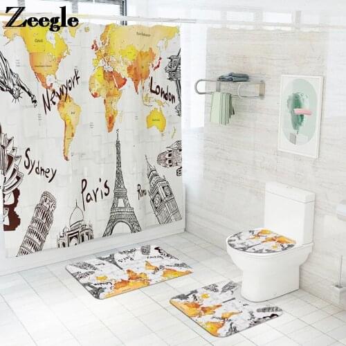 Polyester Shower Curtain and Bath Mat Set Landscape Print Bathroom Carpet Rug Anti-slip Foot Mat for Toilet Bathroom Bath Mat