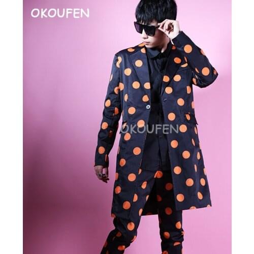 New Fashion cool Mens Personality Influx Slim Suit Orange Polka Dot Medium Suit Nightclub singer dancer stage show Studio Dress