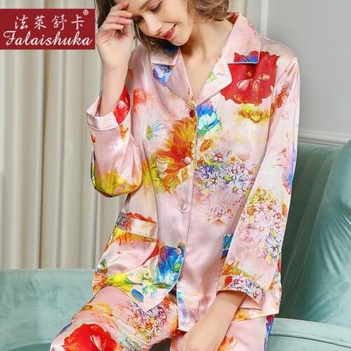 100% Natural Silk Sleepwear Female Spring Autumn Pajama Sets Pure Silkworm Silk Printed Long-Sleeve Pyjamas Women T8129