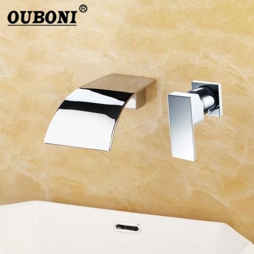 OUBONI Polished Chrome Waterfall Wall Mounted Bathtub Shower Pcs Bathroom Basin Sink Brass Tap Mixer Faucet