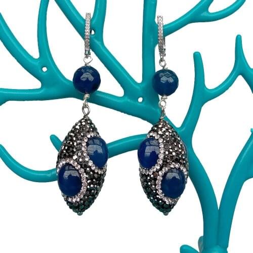 YYGEM Rice Shape Blue Agate trimmed with black rhinestone Pave Cubic Zirconia Pave gold plated lever back Earrings