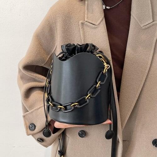 Simple Solid Color Pu Leather Mini Bucket Crossbody Bag Fashion Shoulder Chain Purses and Handbags Luxury Designer Totes