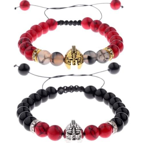 Drop shipping Charm Knight Warrior Gladiator Helmet Bracelet Men Natural Stone Black&Red Bead Adjustable Bracelets gift