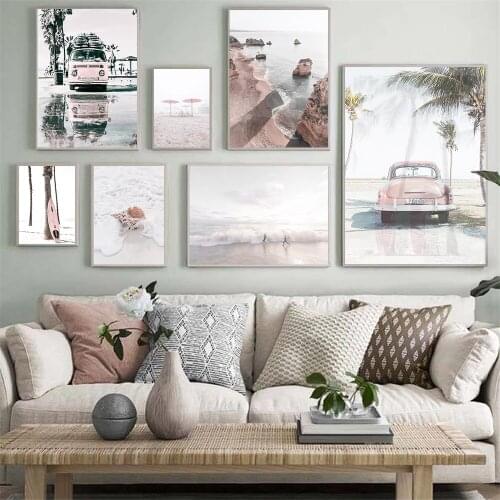 Conch Beach Wave Print Sea Landscape Canvas Painting Pink Car Surfboard Wall Art Poster Nordic Travel Pictures Living Room Decor