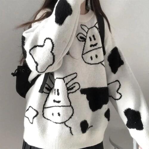 Christmas Cow Sweater Women Clothing Loose Knitted Kawaii Clothes Harajuku Cropped Jumper Tops Korean Fashion Long Sleeve Tops