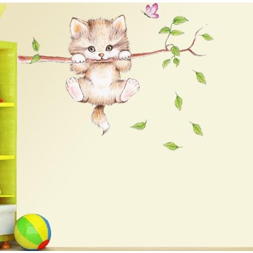 Lovely Cat Hanging Branches Butterfly Wall Stickers for Kids Room Children Bedroom Cute Animals Wall Decals