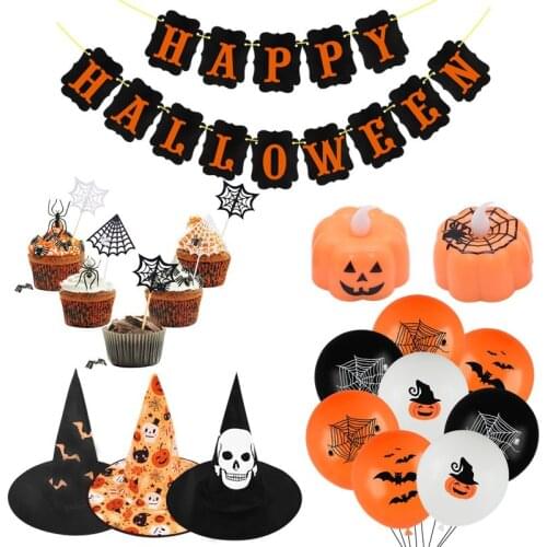 Happy Halloween Paper Banner Spider Web Cake Topper Bat Pattern Latex Balloon Pumpkin Night Light Halloween Party Decor Supplies